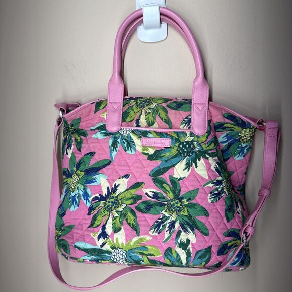 Vera Bradley Satchel Tropical Paradise Purse Handle Strap Pink & Green Floral - Picture 1 of 13
